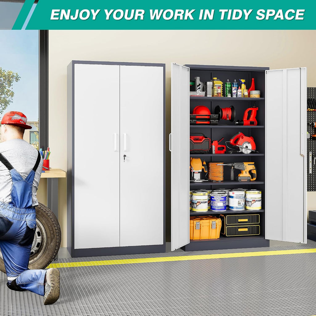 Metal Storage Cabinet with 2 Doors and 6 Shelves,Gray White Metal Cabinet with Lock,71' Lockable Garage Storage Cabinets,Locking File Cabinet,Steel Tool Cabinets for Home,Office,Garage,Shop,School