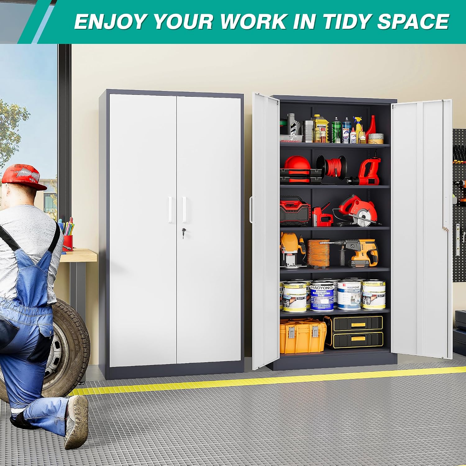 Metal Storage Cabinet with 2 Doors and 6 Shelves,Gray White Metal Cabinet with Lock,71' Lockable Garage Storage Cabinets,Locking File Cabinet,Steel Tool Cabinets for Home,Office,Garage,Shop,School