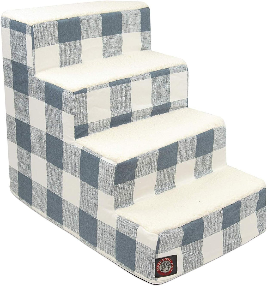 Majestic Pet 4 Step Portable Dog Stairs for Small Dogs to get on Bed Supports 250 lbs or Less – Dog Steps for High Bed with Machine Washable Cover –Pet Stairs for Cats Anderson Check Gunmetal Blue