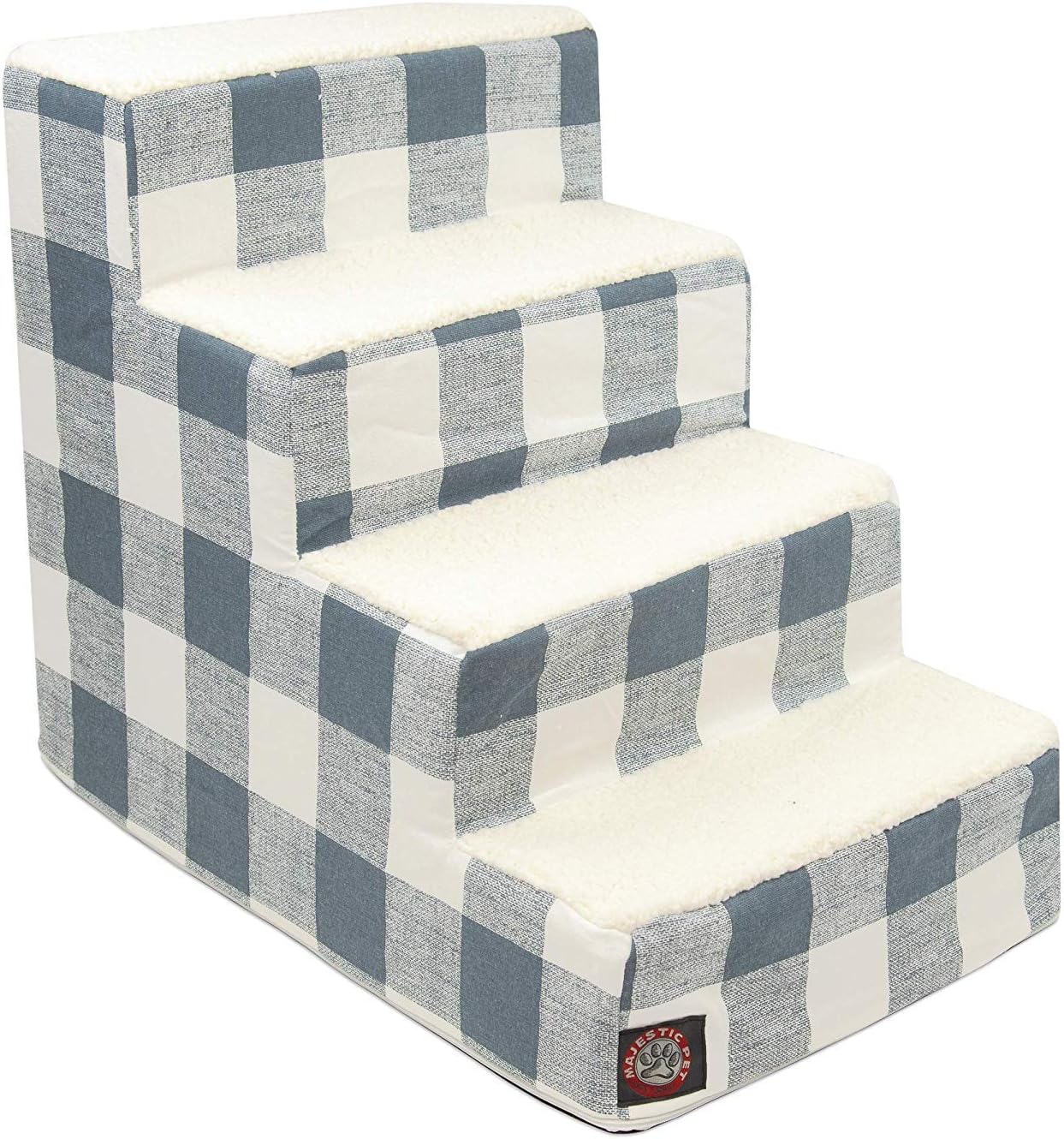 Majestic Pet 4 Step Portable Dog Stairs for Small Dogs to get on Bed Supports 250 lbs or Less – Dog Steps for High Bed with Machine Washable Cover –Pet Stairs for Cats Anderson Check Gunmetal Blue