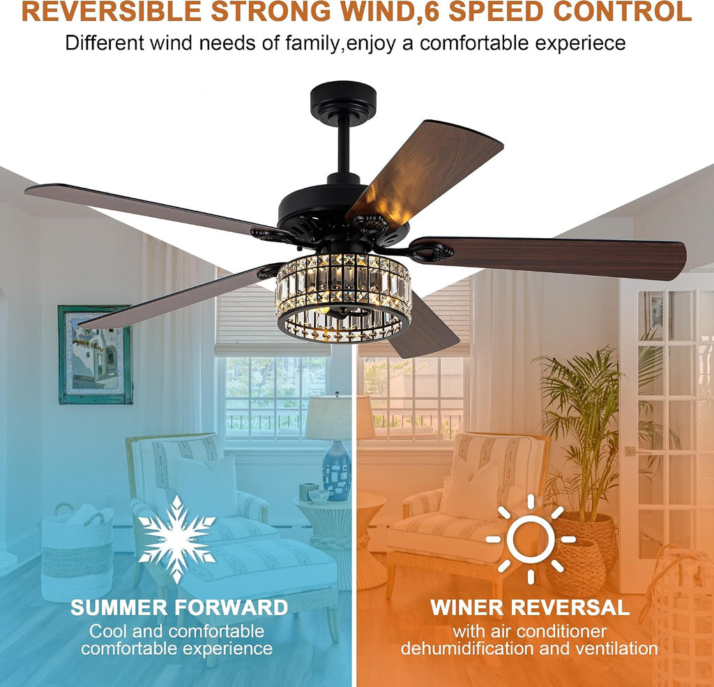 Bella Depot 60' Vintage Black Ceiling Fan with Light, Large Crystal Chandelier Fan Fandelier Fan with 6-Speeds, Quiet Reversible DC Motor, for Bedroom, Living Room