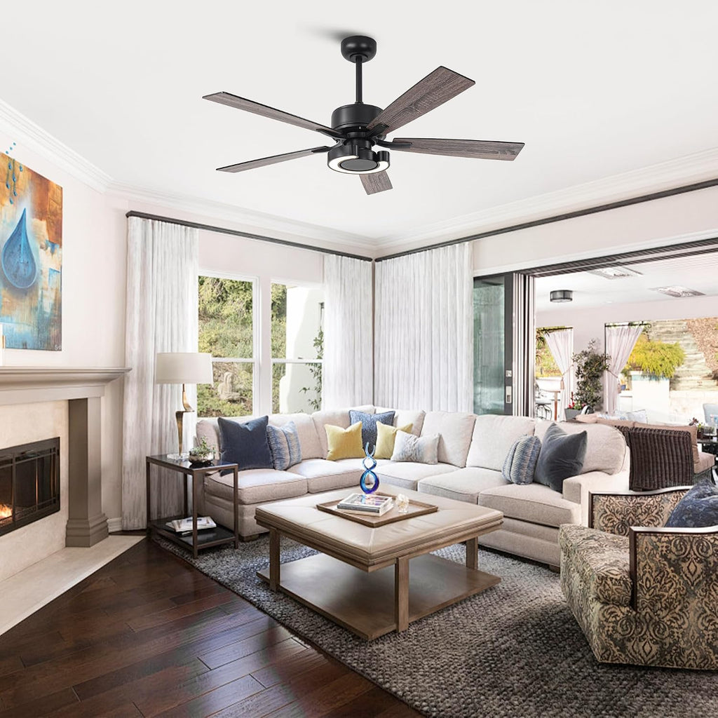 52 Inch Black Ceiling Fans with Lights and Remote - Creative Modern Ceiling Fan for Bedroom Living Room with 3CCT, 6 Speeds, Quiet, Dual-Sided Reversible 5 Blades Indoor Outdoor Chandelier Fan