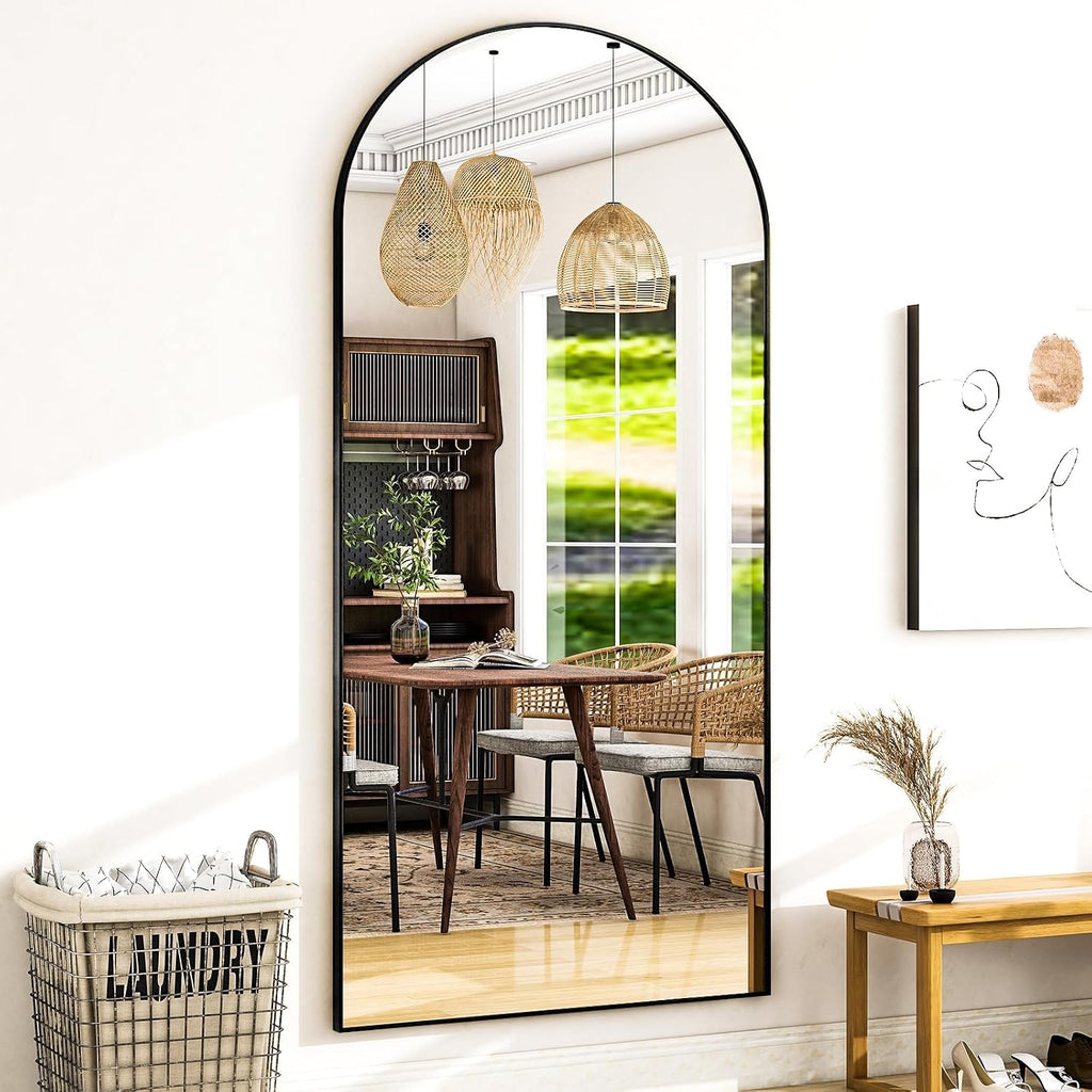 Full Body Mirror 26x71 inch Arched Full Length Mirror with Stand Aluminum Wall Mounted Hanging or Leaning Standing Mirrors, Black