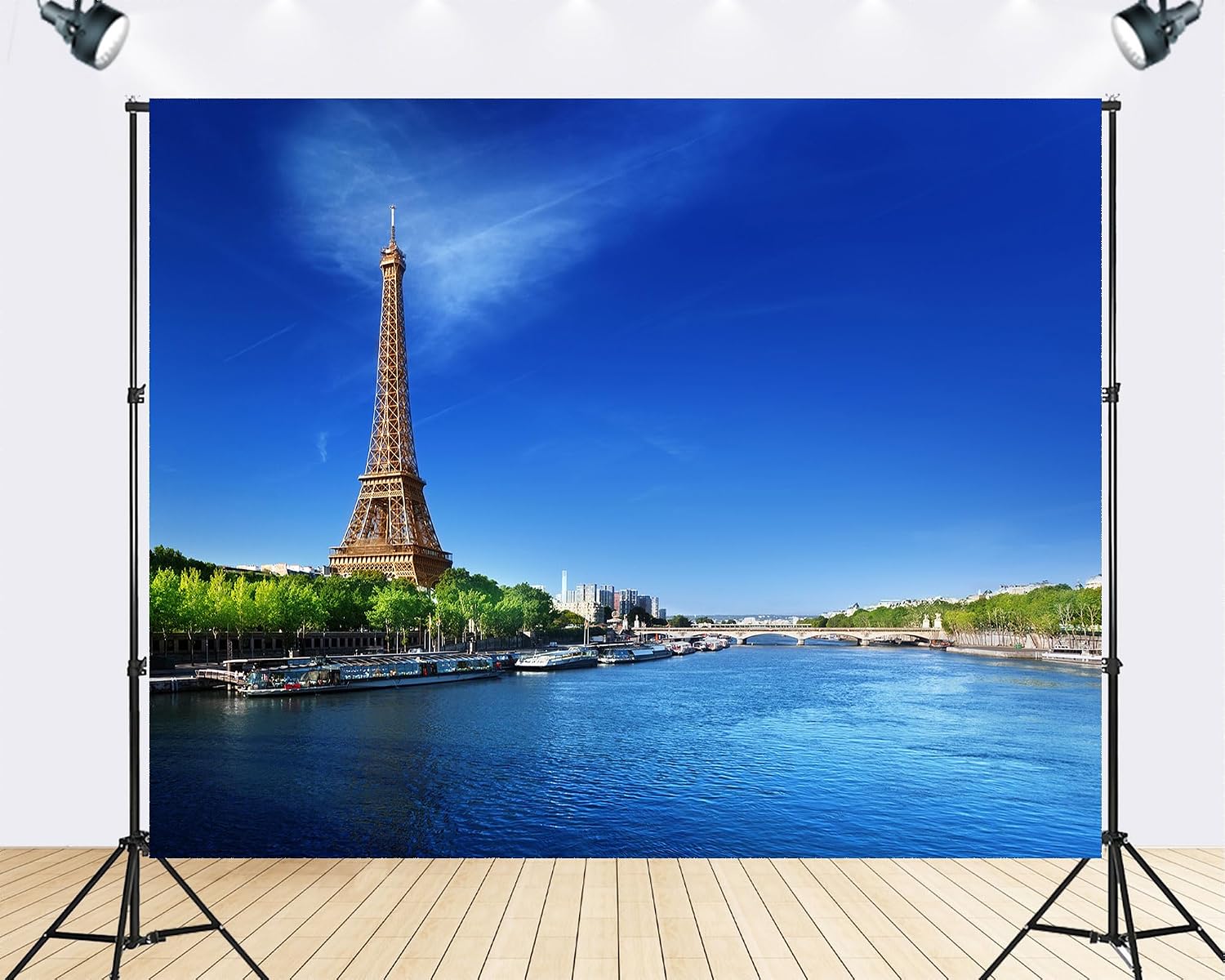 Trykid 20x10ft Eiffel Tower Backdrop Seine River Clear Blue Sky Cityscape Photography Background Travel Event Tapestry Party Decoration Photo Studio Prop Fabric