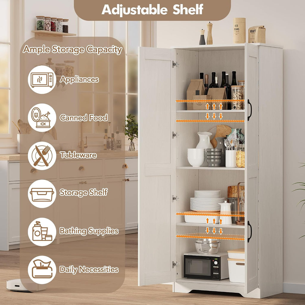 IDEALHOUSE Tall Pantry Cabinet, 60' Kitchen Pantry Storage Cabinet with 2 Doors and Adjustable Shelves, Freestanding Kitchen Cabinet, Cupboard for Dining Room, Bathroom, Living Room, White