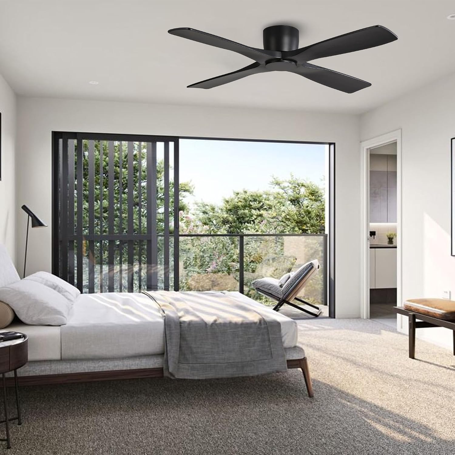 WINGBO 48 Inch Flush Mount DC Ceiling Fans without Lights, 4 Carved Solid Wood Blades, 6-Speed Reversible DC Motor, Low Profile Hugger Ceiling Fan No Lights for Indoor and Outdoor, Matte Black