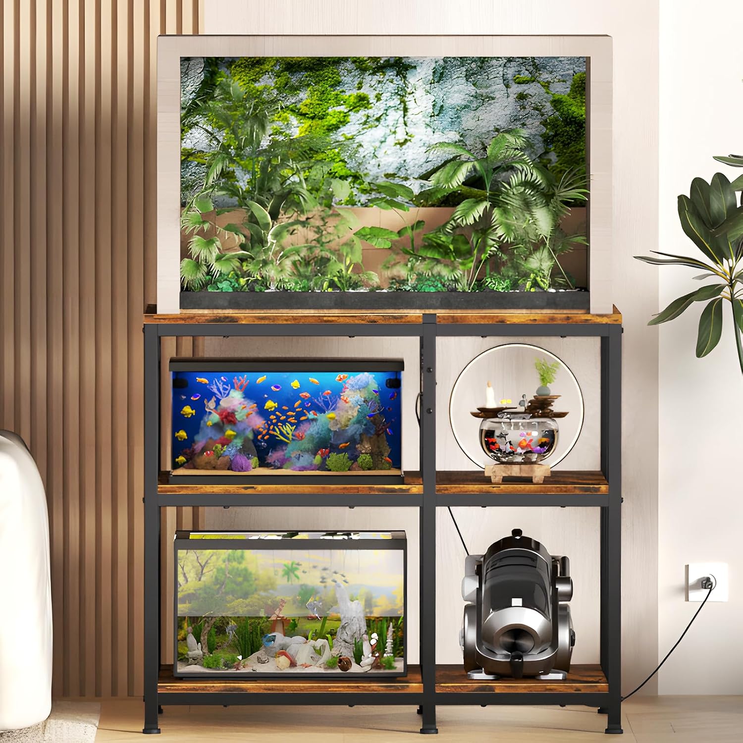 Reinforced 40-50 Gallon Aquarium Stand with Power Outlet, Ultra-Stable 720LBS Capacity Metal Fish, Tank Stand for Reptile/Aquatic Setups, 5-Tier Adjustable 37'x19' Steel Shelving System