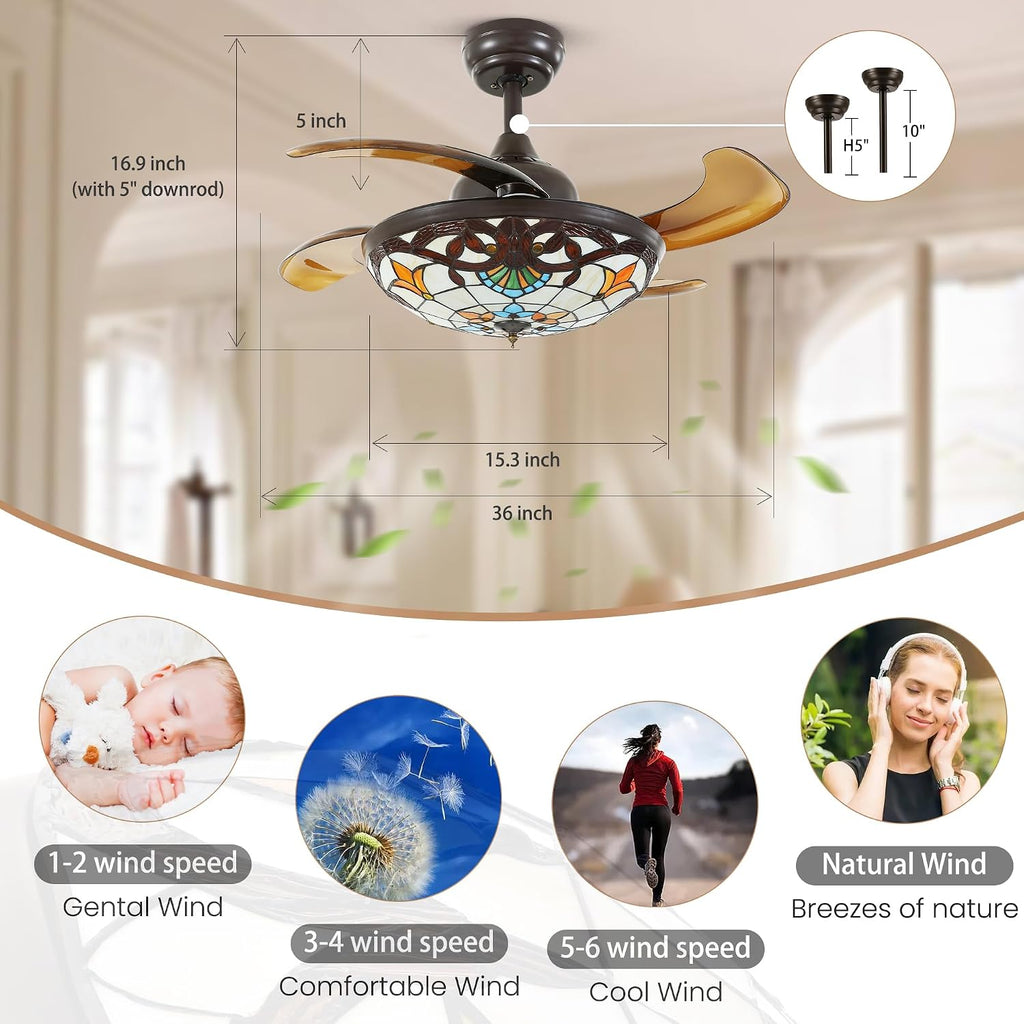 36' Tiffany Style Ceiling Fan with Lights, Remote Control Led Dimmable Fandelier Fixture with 4 Retractable Reverse Blades, Vintage Stained Glass Suit for Bedroom Living Room