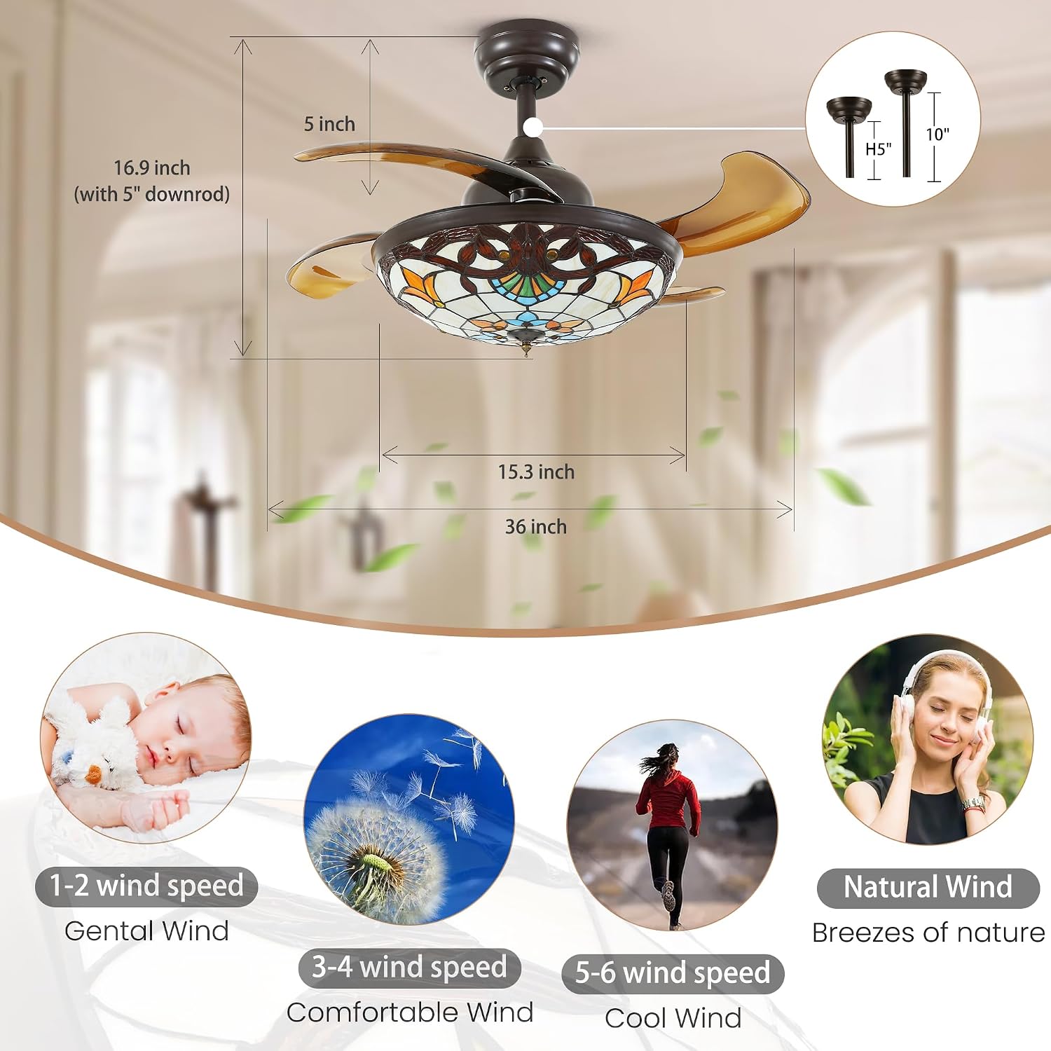 36' Tiffany Style Ceiling Fan with Lights, Remote Control Led Dimmable Fandelier Fixture with 4 Retractable Reverse Blades, Vintage Stained Glass Suit for Bedroom Living Room