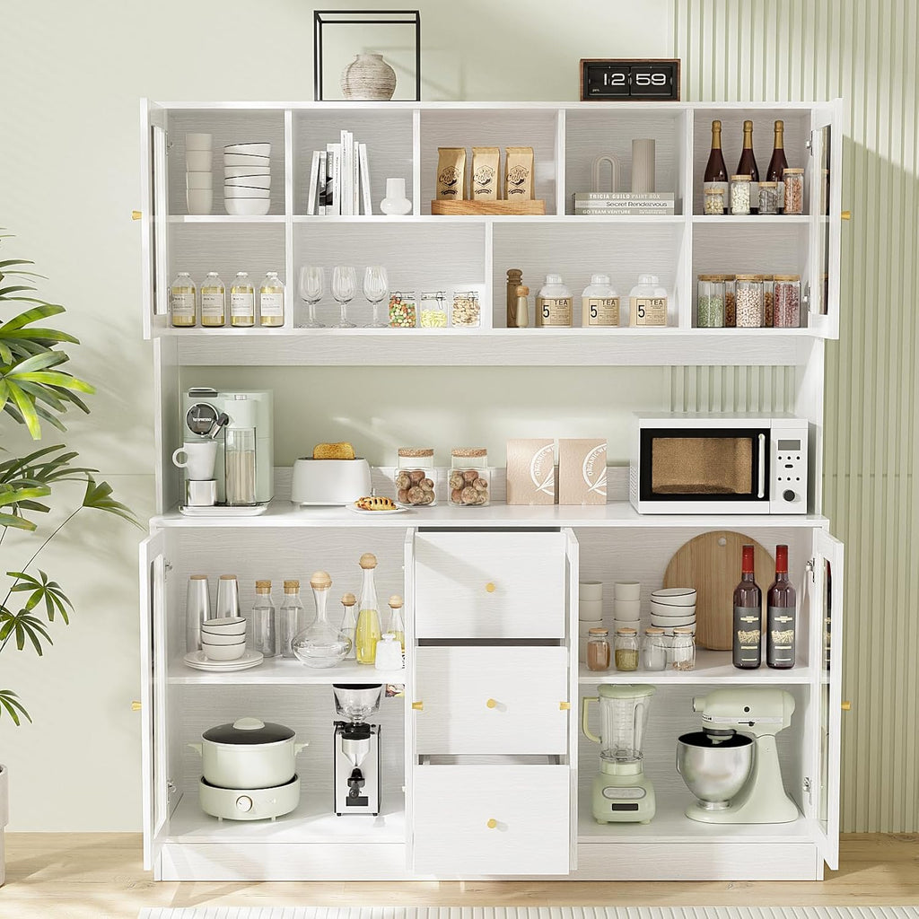 VOWNER Large Kitchen Hutch Cabinet, Kitchen Pantry Storage Cabinet with 6 Glass Doors, 3 Drawers & Microwave Shelf, Freestanding Cupboard for Open Storage (White)