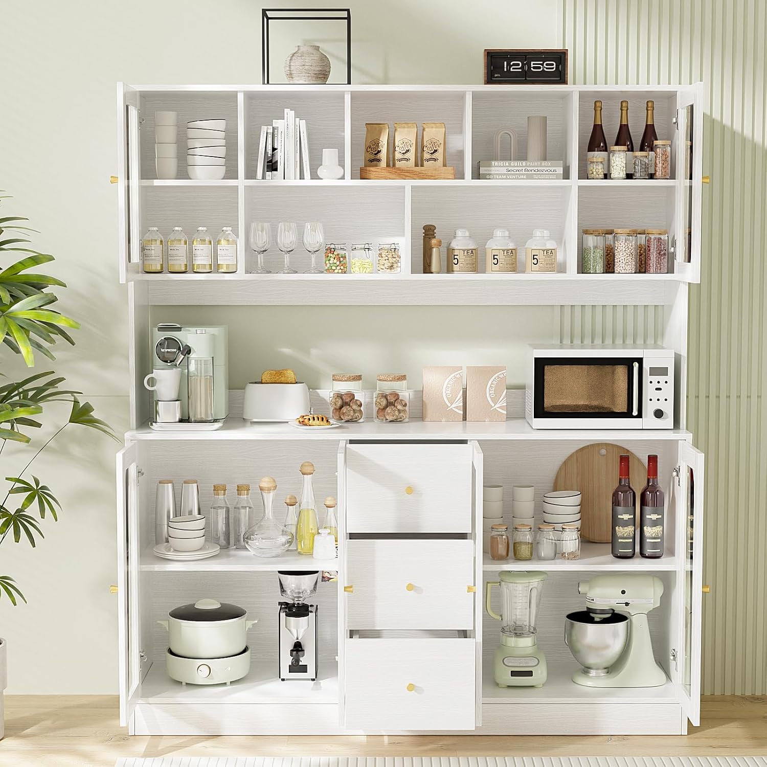 VOWNER Large Kitchen Hutch Cabinet, Kitchen Pantry Storage Cabinet with 6 Glass Doors, 3 Drawers & Microwave Shelf, Freestanding Cupboard for Open Storage (White)