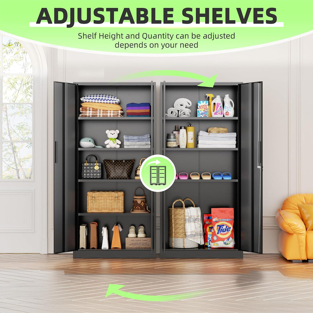 SUNCROWN Metal Garage Storage Cabinet, 72' Locking Steel Garage Cabinets with 2 Door and 4 Adjustable Shelves, Tall Metal Tool Cabinets for Home Office, Garage, School, (Black)