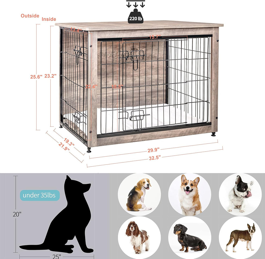 DWANTON Dog Crate Furniture with Cushion, Wooden Kennel Table with Double Doors, Indoor Dog House, Medium Size, 32.5' L, Greige