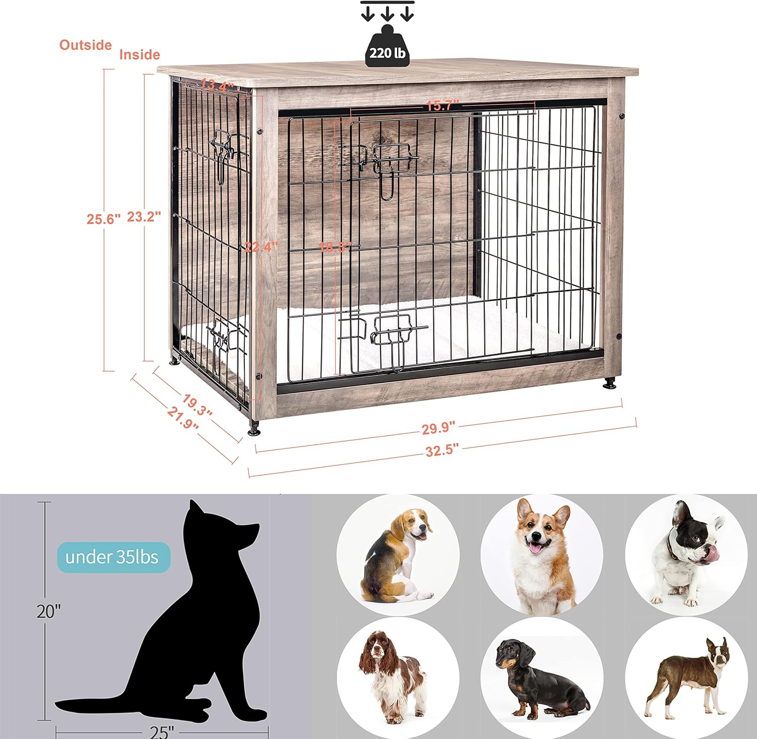DWANTON Dog Crate Furniture with Cushion, Wooden Kennel Table with Double Doors, Indoor Dog House, Medium Size, 32.5' L, Greige