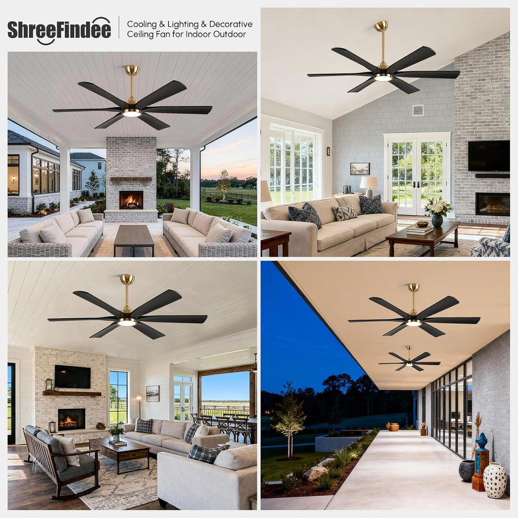 60 Inch Outdoor Ceiling Fan with Lights, Black Gold Smart Fan with Remote Alexa Control, 6 Solid Wood Blades, High CFM Quiet DC Motor, Damp Rated for Patios, Indoor Living Rooms, Gazebo