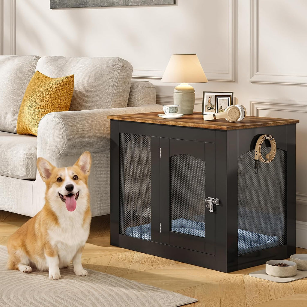 CHOEZON Wooden 30.1' Dog Crate Furniture, Farmhouse Pet Cage End Table with Secure Lock, Ventilated Mesh for Medium Dogs, Dog Kennel Furniture for Living Room, Bedroom, Black and Walnut MGW02BL