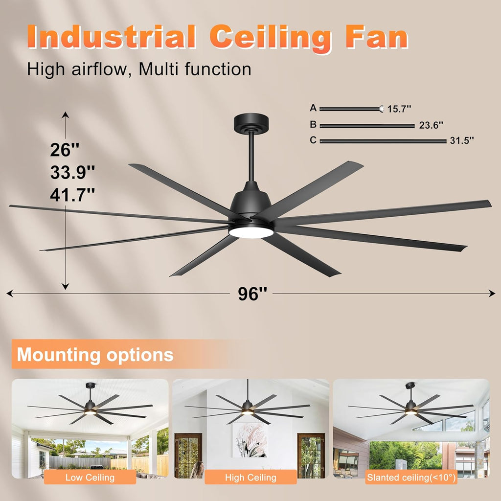 96' Industrial Ceiling Fans with Lights, Large Ceiling Fan with Remote/APP Control, Outdoor Ceiling Fans with 8 Blades, 3CCT, DC motor for Commercial Shop Garage Warehouse Black