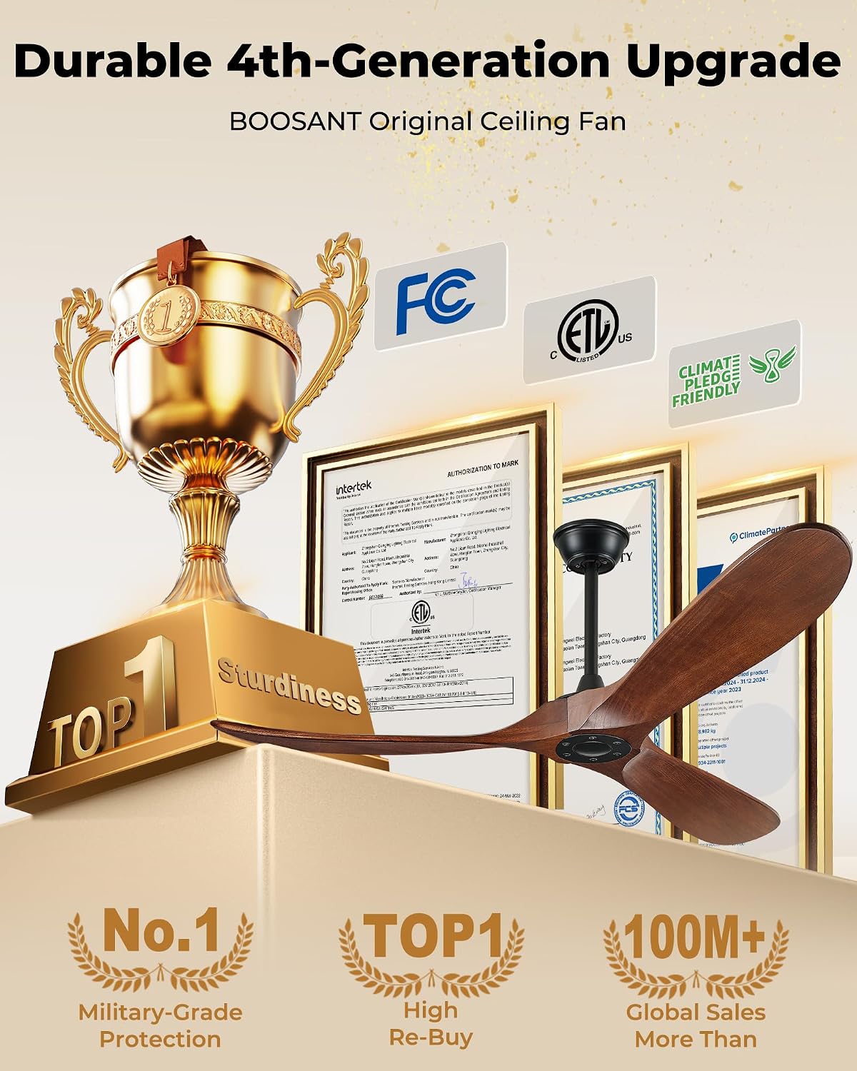 52' Ceiling Fans Without Lights, Solid Wood Ceiling Fan with Remote Control and DC Motor, Ceiling Fan no Light with 3 Blades, Indoor Outdoor Ceiling Fans for Patios, Bedroom- Dark Walnut