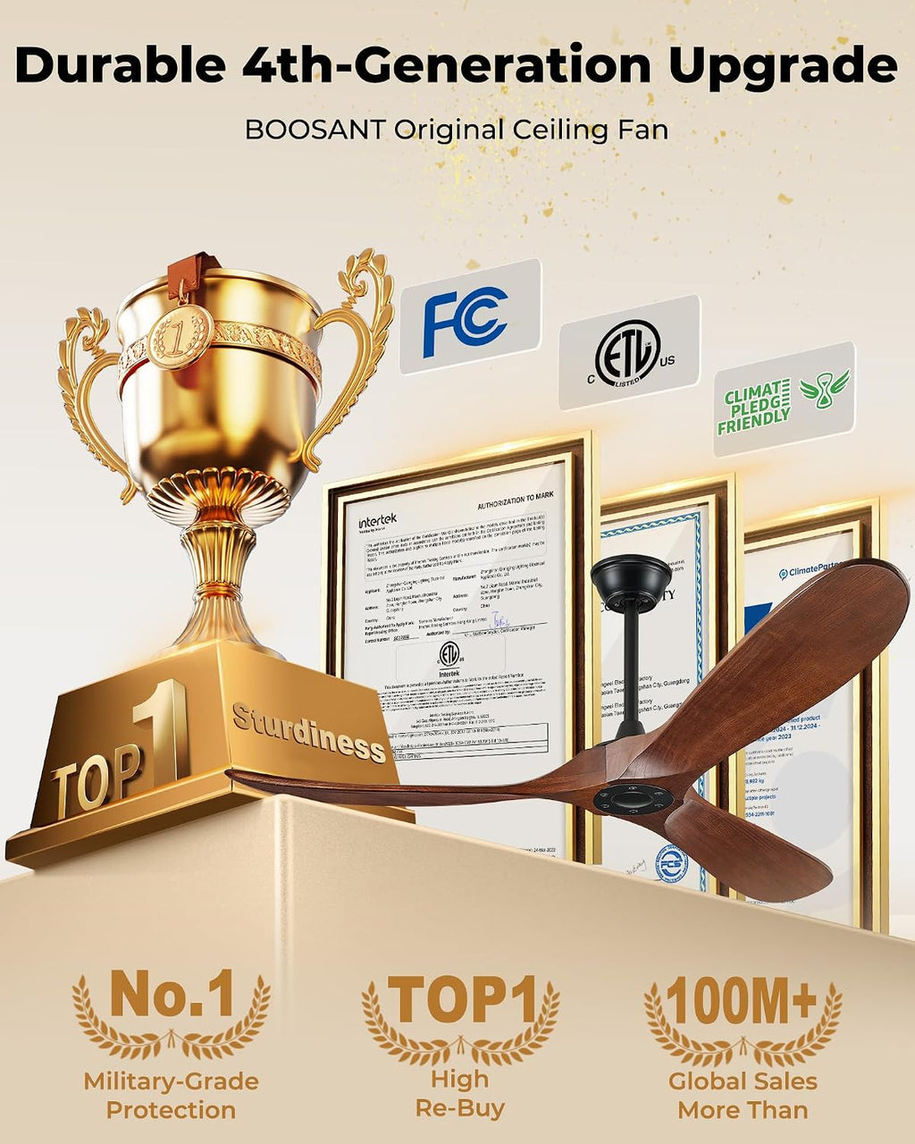 60 inch Ceiling Fan Without Light, Ceiling Fan No Light with Remote Control and Quiet DC Motor, Outdoor Fans for Patios,Solid Wood 3 Blades,ETL Listed - Dark Walnut