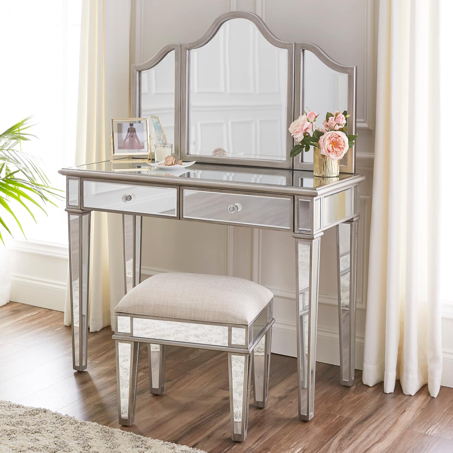 SEI Furniture - Kalla Mirrored Vanity Set with Storage - 2 Piece - Silver - Transitional Design - Ideal for Bathroom, Master Suite (HZ7581)