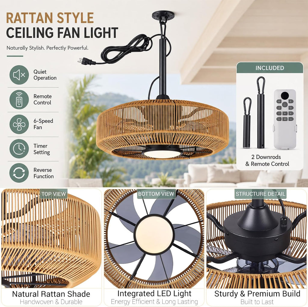 20' Outdoor Ceiling Fan with Light – Waterproof Plug-In Hanging Caged Fan, 3CCT Dimmable LED, 6-Speed with Remote & App Control for Covered Patios, Gazebo & Porch