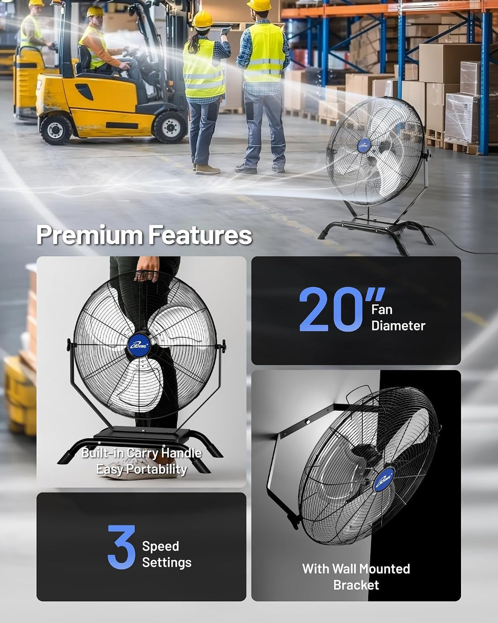 iLiving 20' Wall Mounted/Floor Stand Variable Speed Indoor/Outdoor Fan, Industrial grade for Patio, Greenhouse, Garage, Workshop, and Loading Dock, 4650 CFM, Black