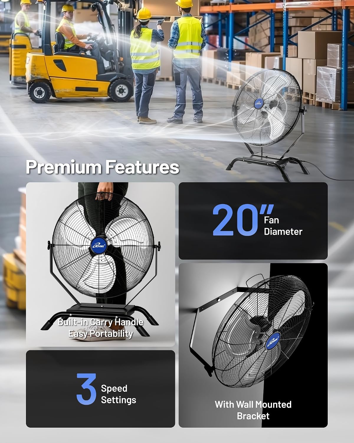 iLiving 20' Wall Mounted/Floor Stand Variable Speed Indoor/Outdoor Fan, Industrial grade for Patio, Greenhouse, Garage, Workshop, and Loading Dock, 4650 CFM, Black
