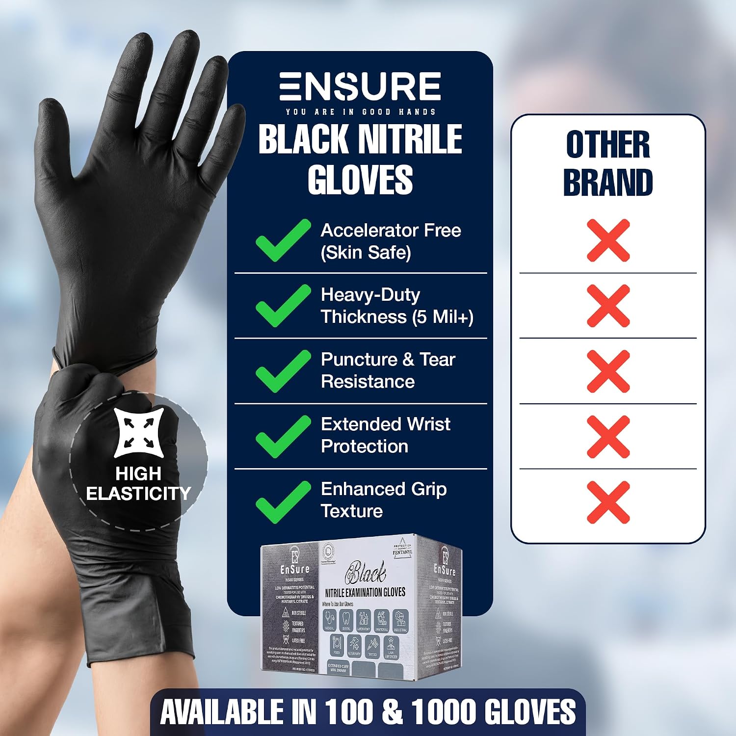 Ensure Black Nitrile Gloves – 5 Mil Heavy-Duty Disposable Gloves, Low Dermatitis, Powder & Latex Free, Chemo-Rated