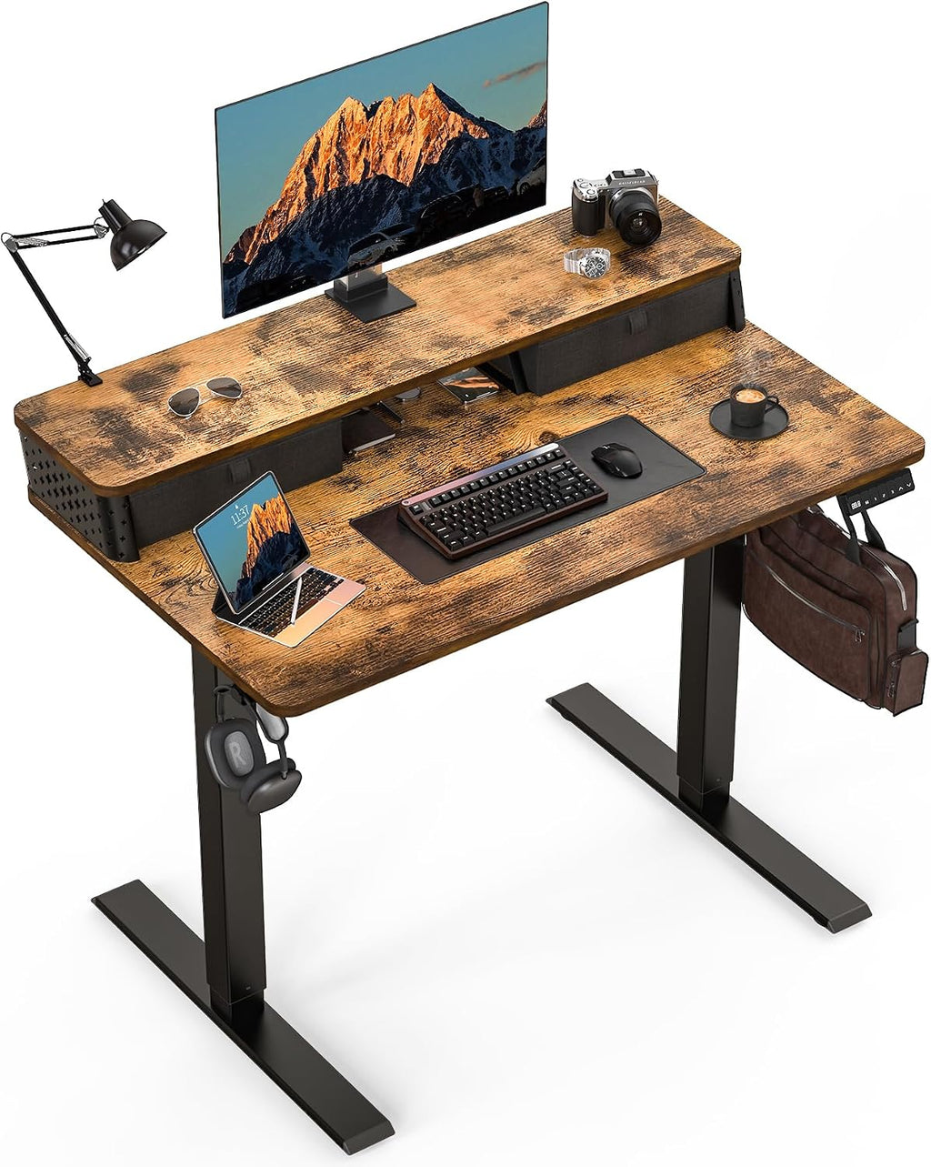 Electric Standing Desk with Two Drawers,40 x 24 Inch Sit Stand Desk Adjustable Height, Stand Up Desk with Storage Shelf, Computer Workstation for Home Office, Rustic Brown