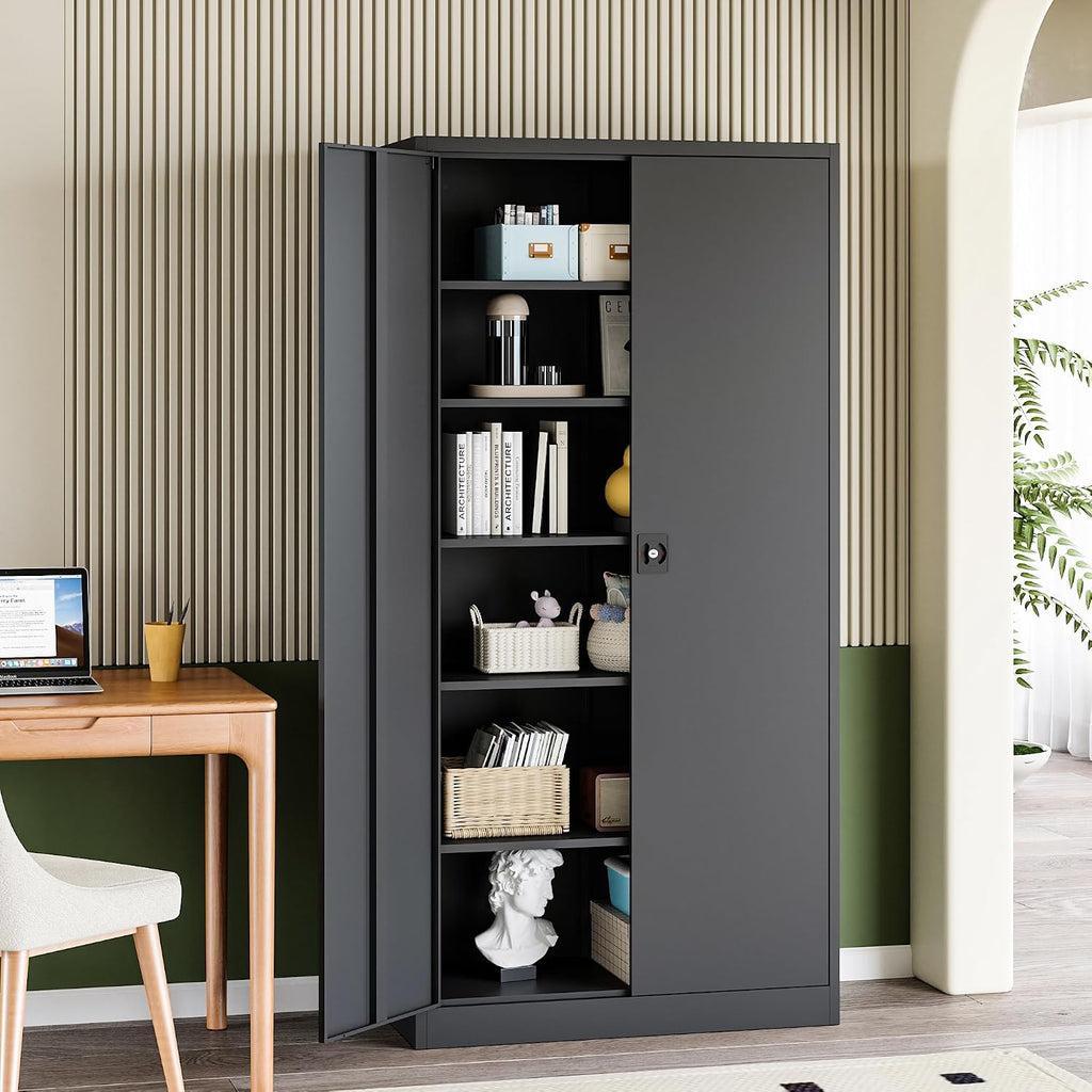 RAVIGIN Metal Garage Storage Cabinet with Lock, 71' Locking Tool Cabinet with 2 Doors and 5 Adjustable Shelves, Tall Steel Cabinet Garage for Home,Office,Warehouse，School (Black)