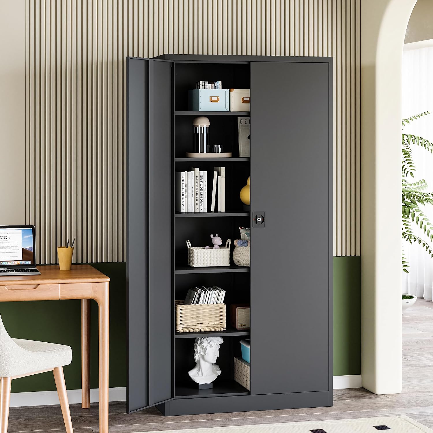 RAVIGIN Metal Garage Storage Cabinet with Lock, 71' Locking Tool Cabinet with 2 Doors and 5 Adjustable Shelves, Tall Steel Cabinet Garage for Home,Office,Warehouse，School (Black)