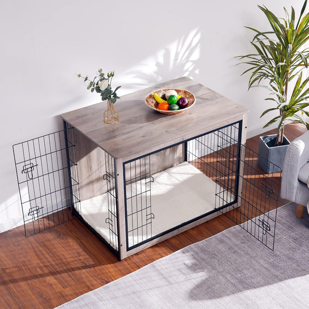 DWANTON Dog Crate Furniture with Cushion, Wooden Kennel Table with Double Doors, Indoor Dog House, Extra Large Size, 43.3' L, Greige