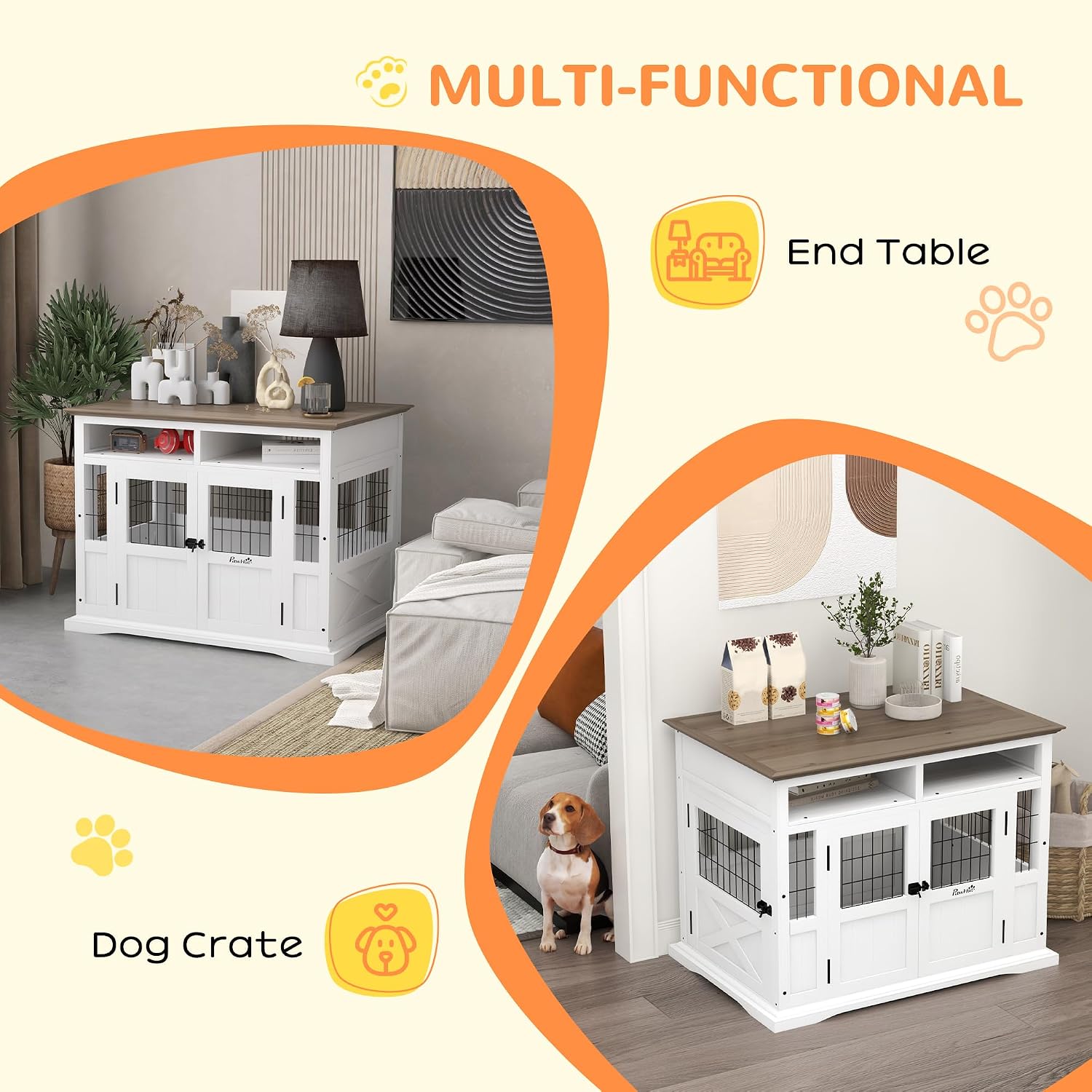 PawHut Dog Crate Furniture Side End Table with Storage, 41' Modern Wooden Dog Kennel Furniture with Double Doors for Small and Medium Dogs, White