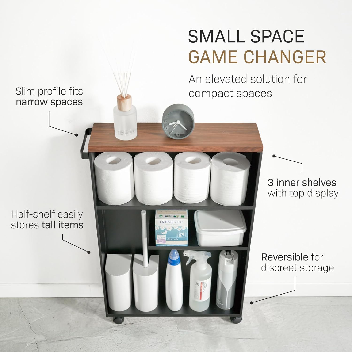 YAMAZAKI Home Slim Rolling Storage Cart – Narrow Bathroom Storage Cabinet with Handle, Slim Bathroom Storage Cart with Wheels, Easy Assembly, Steel + Wood, Black
