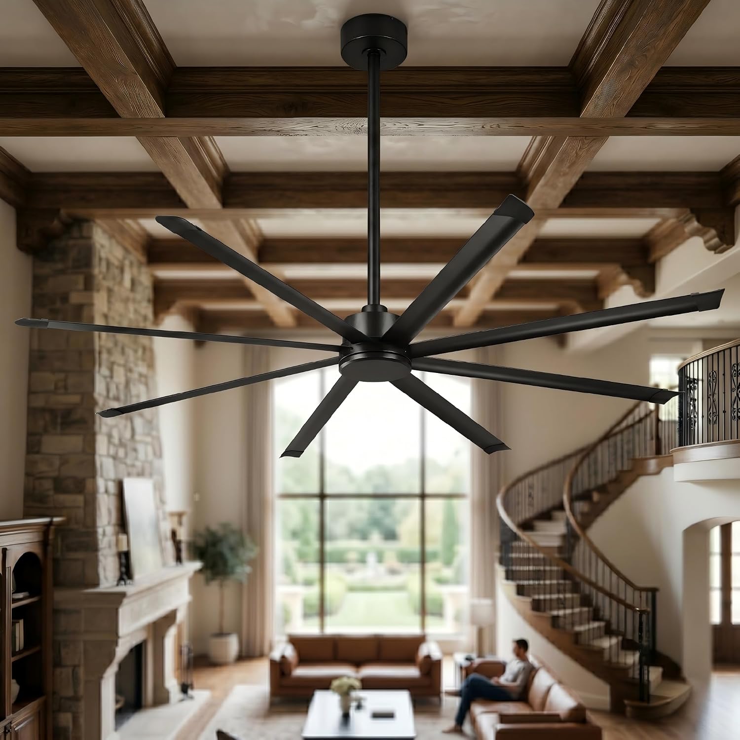 Parrot Uncle 120 Inch Industrial Ceiling Fan without Light, 10 ft Large Commercial Fan for Shop Gym Living Room, High CFM Quiet DC Motor, Remote Control, Reversible 8 Aluminum Blades, Matte Black