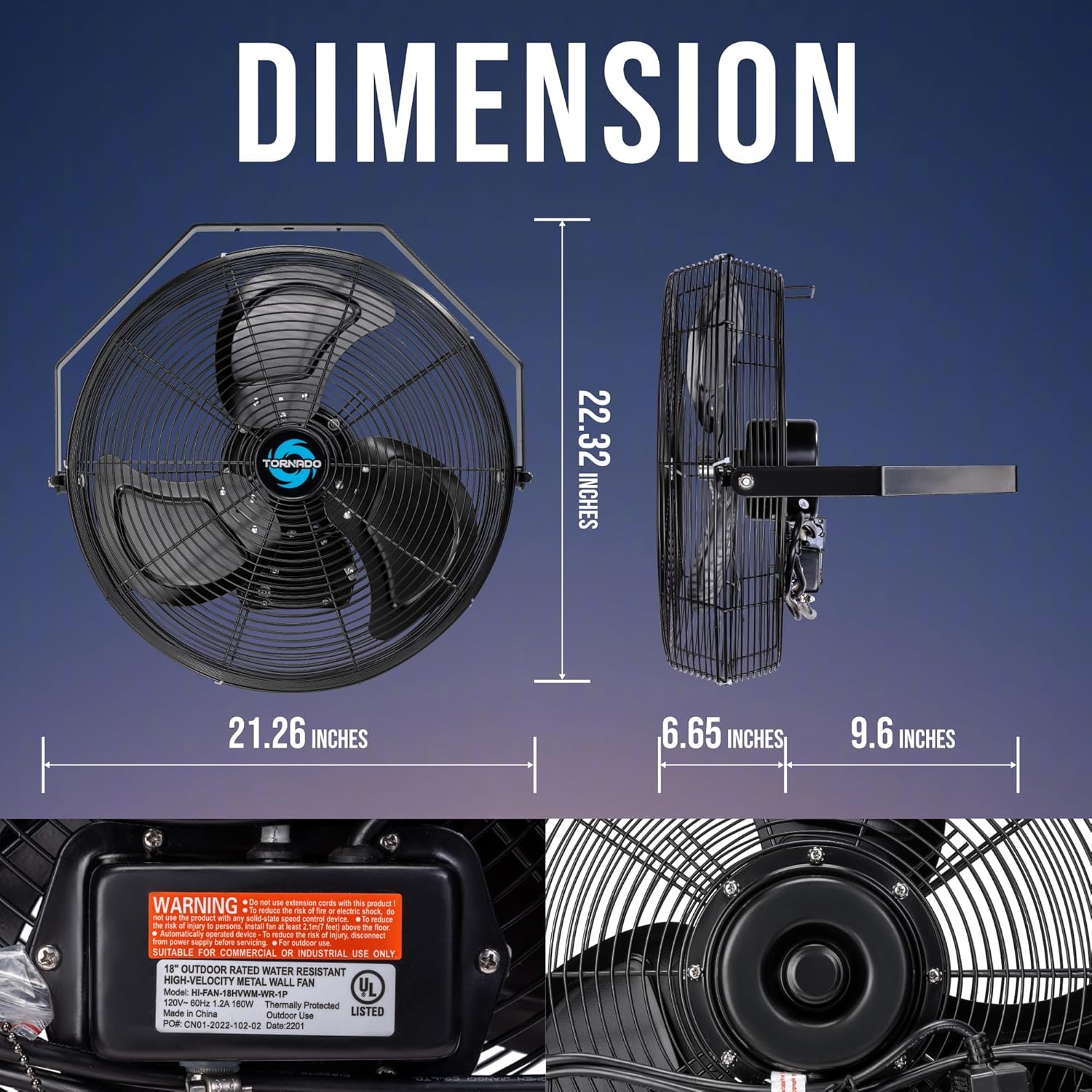 Tornado 18' Outdoor IPX4 Rated Water-Resistant Metal Industrial Wall Mount Fan, 3 Speed High Velocity Wall Fan For Commercial, Industrial, Residential Use, 4150 CFM 6.6 FT Cord 180°Tilting, Black