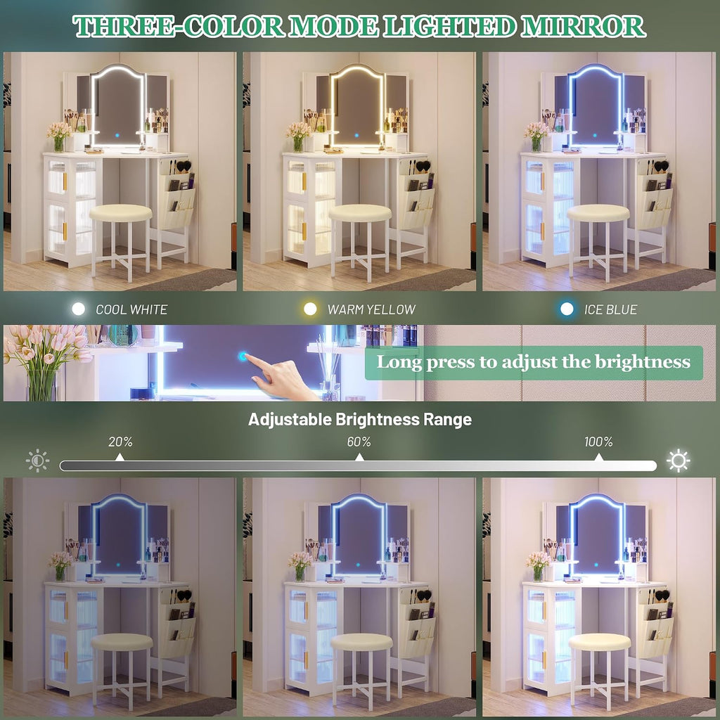 Lareth Corner Vanity Desk with 3 Way Mirror and Lights, Modern Makeup Vanity with Charging Station, 44' Large Bedroom Dressing Table with Stool & Shelves, Gifts for Girls Women, White