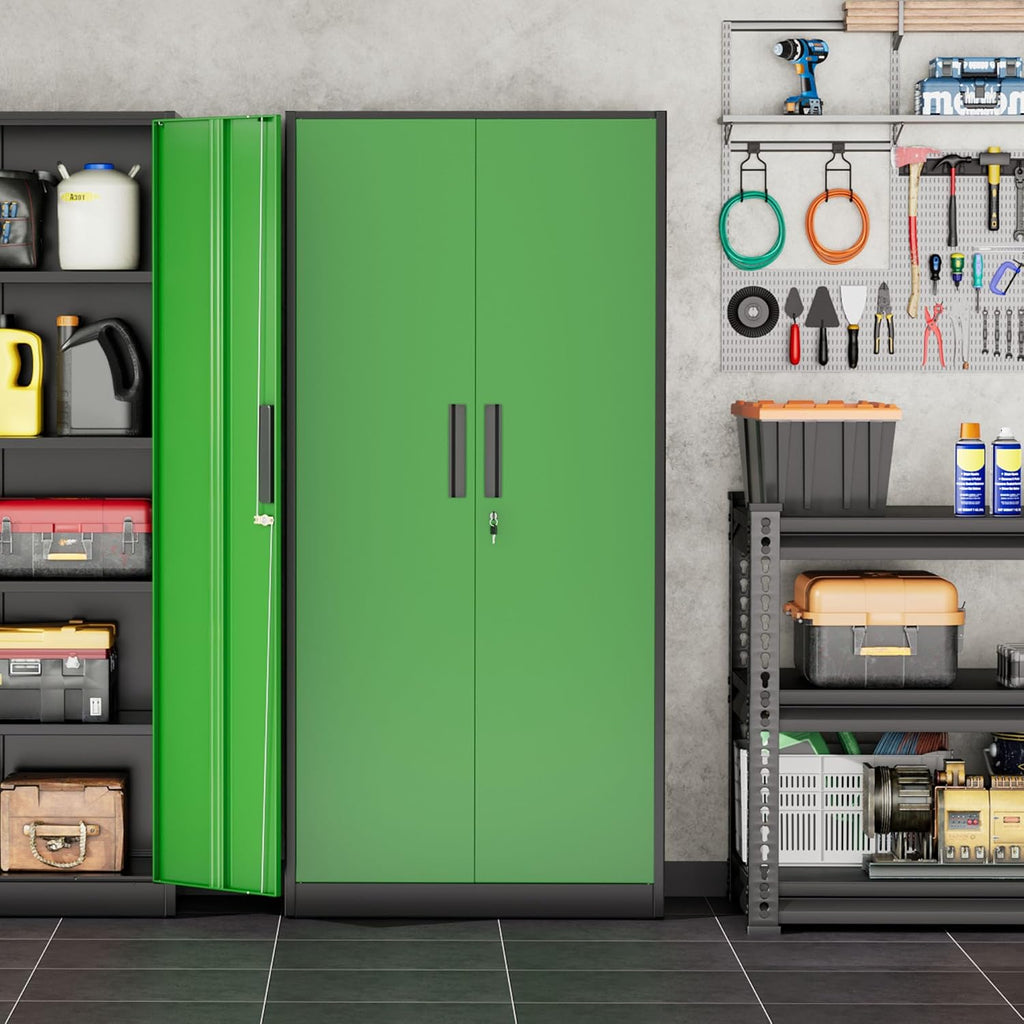 INTERGREAT Storage Cabinet with Doors and Shelves, Metal Garage Storage Cabinets with Lock, Black Lockable Steel Supply Cabinet for Home Office, Warehouse (Black Green)