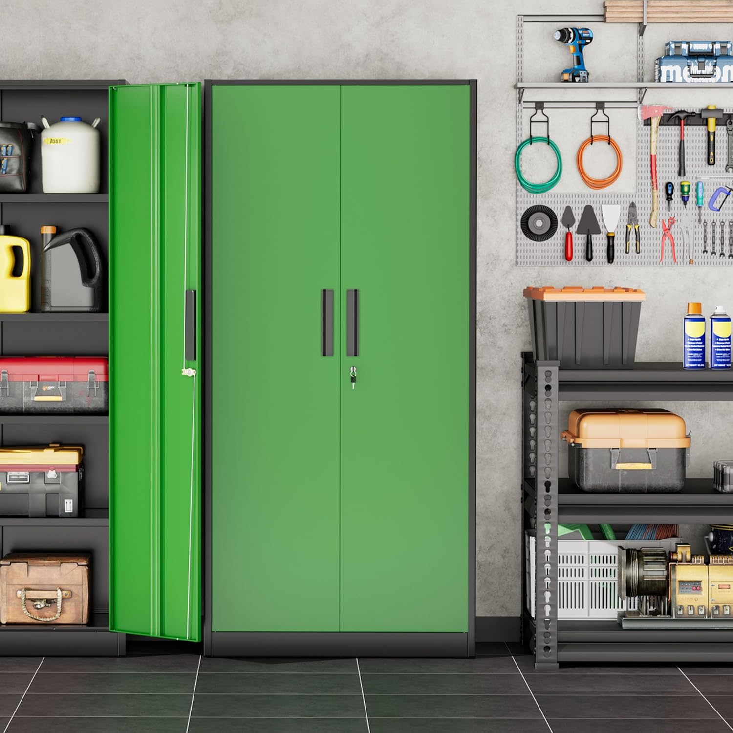 INTERGREAT Storage Cabinet with Doors and Shelves, Metal Garage Storage Cabinets with Lock, Black Lockable Steel Supply Cabinet for Home Office, Warehouse (Black Green)