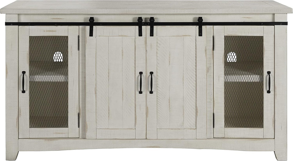Martin Svensson Home 65' Solid Pine Wood Entertainment Center with Storage. Rustic TV Stand for TVs up to 70.' Sliding Doors, Adjustable Shelves & Cable Management – White Finish