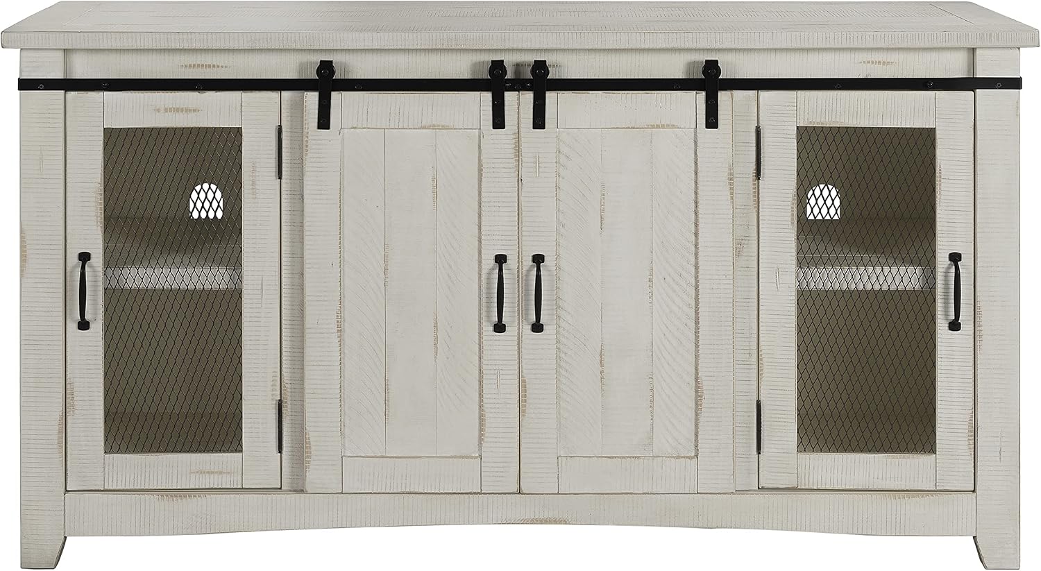 Martin Svensson Home 65' Solid Pine Wood Entertainment Center with Storage. Rustic TV Stand for TVs up to 70.' Sliding Doors, Adjustable Shelves & Cable Management – White Finish