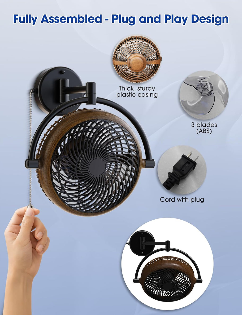 Wall Mount Fans with Pull Chain, 10 Inch Wall Fans Quiet Oscillating Wall-Mounted Fan, Adjustable Folding Arm, 2-Speed Plug-in Fan for Bedroom, Living Room, Bathroom, Patio, Kitchen, Black/ Walnut