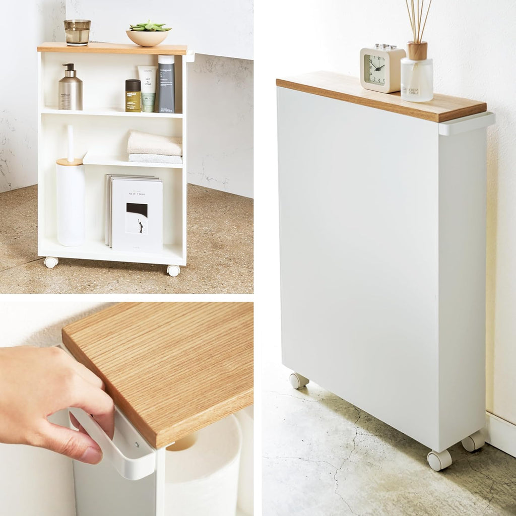 Yamazaki Home Slim Rolling Storage Cart – Narrow Bathroom Storage Cabinet With Handle, Slim Bathroom Storage Cart With Wheels, Easy Assembly, Steel + Wood, White, 27' - Steel -