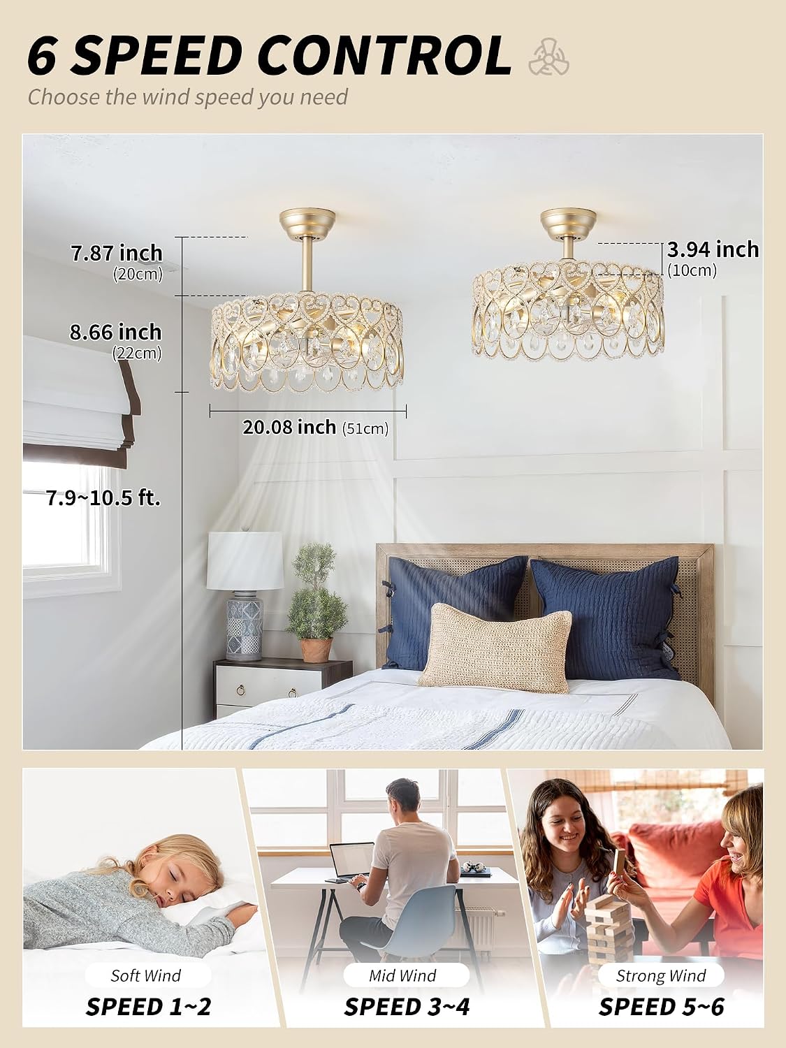 SYDACG 20' Gold Crystal Fandelier Ceiling Fans with Lights, Gold Chandelier Ceiling Fan with Light Remote Control, Mid-Century Modern Caged 6 Speeds for Bedroom, Nursery, Foyer, Living Room