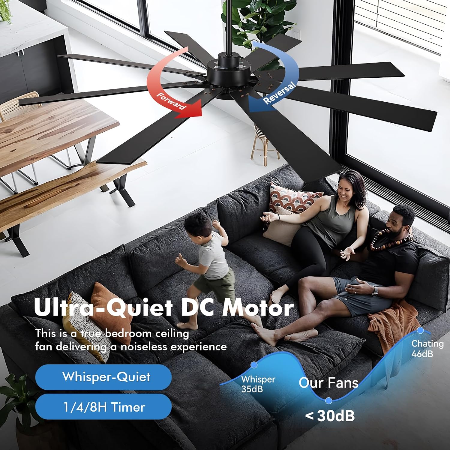 62 Inch Smart Ceiling Fan with Light, Modern Black Industrial Home Lighting & Ceiling fans with App/Voice/Remote Control, Damp-rated Large Airflow DC Outdoor Ceiling Fans for Patios Porch Outside