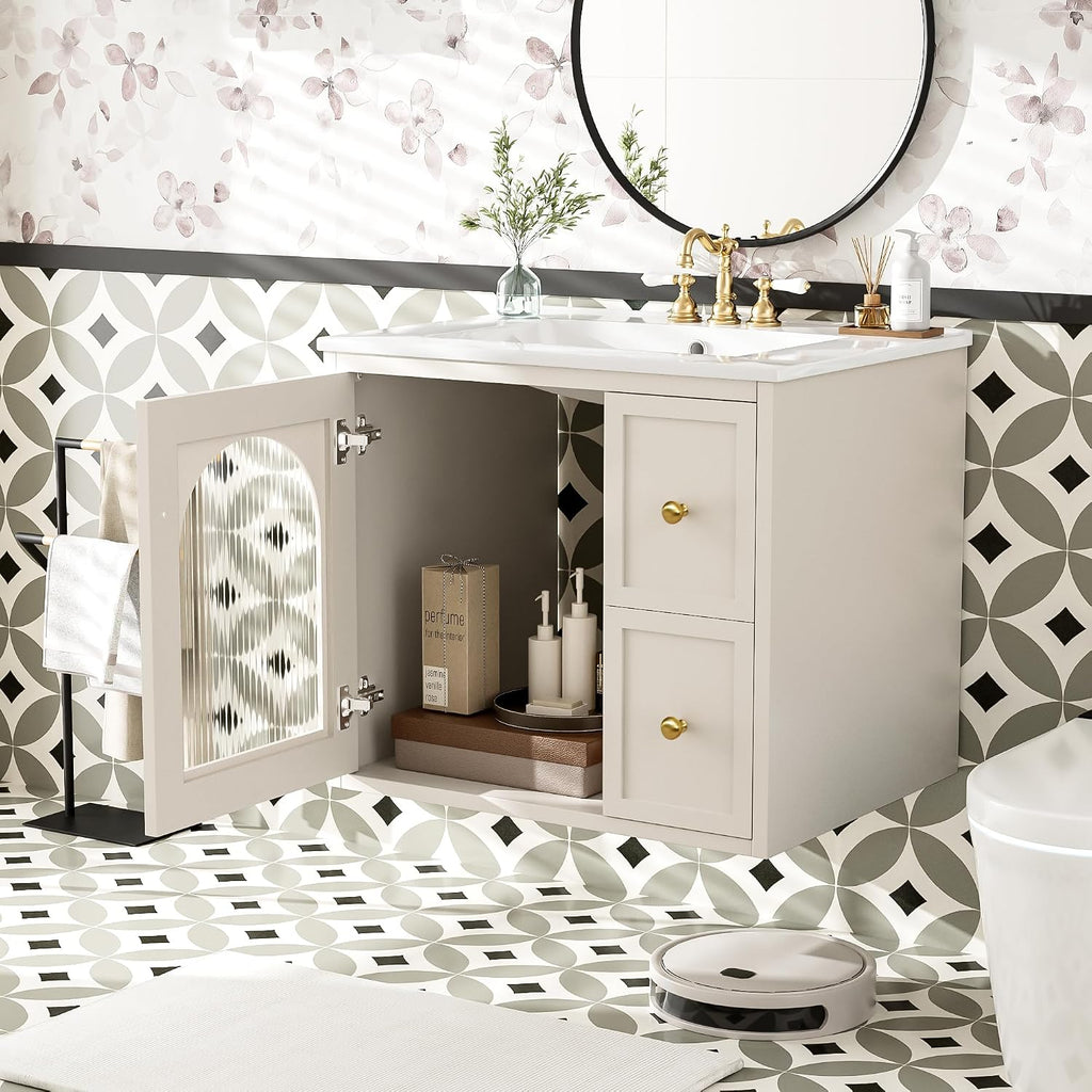 24 Inch Modern Wall Mounted Floating Bathroom Vanity Set with Ceramic Sink, 2 Drawers and 1 Soft-Close Door Bathroom Sink Cabinet for Guest Baths Master Suites (Beige)