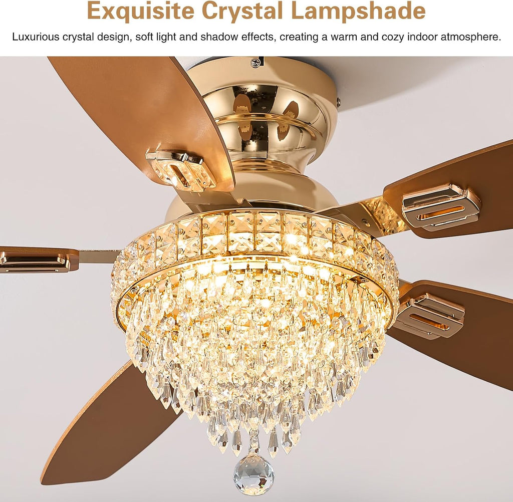 Crystal Ceiling Fan Fandelier with Lights-Ceiling Fans with Lights,54' Low Profile and Remote Control, Flush Mount, Reversible, Dimmable, Noiseless,Gold Ceiling Fan for Bedroom