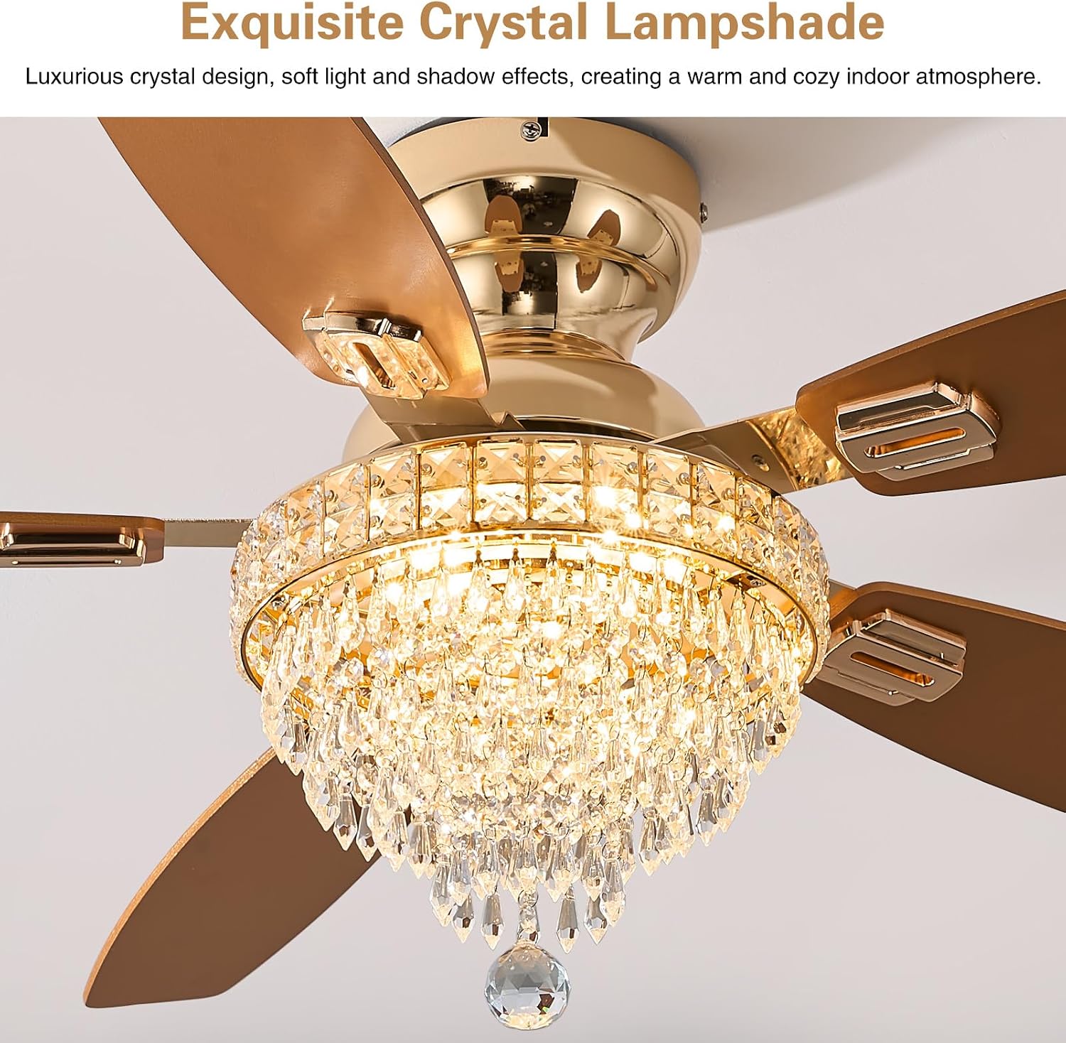 Crystal Ceiling Fan Fandelier with Lights-Ceiling Fans with Lights,54' Low Profile and Remote Control, Flush Mount, Reversible, Dimmable, Noiseless,Gold Ceiling Fan for Bedroom