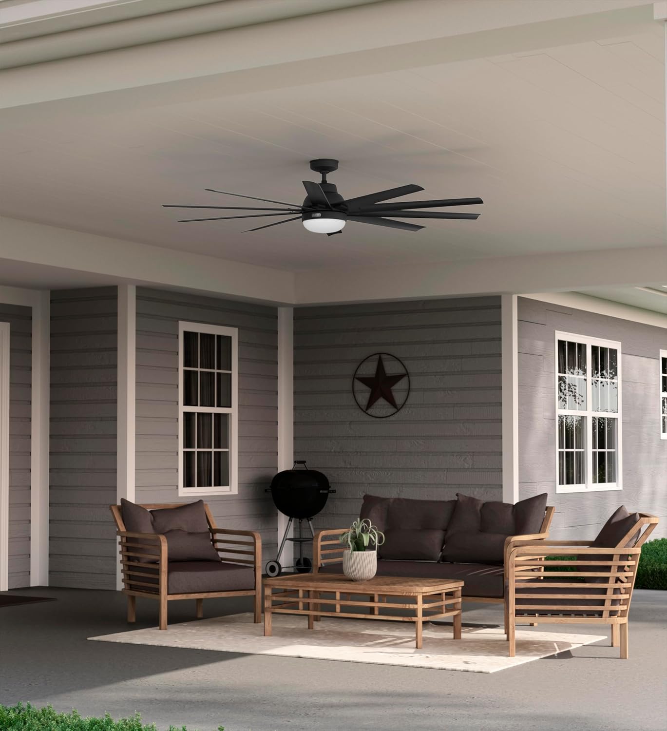 Hunter 72 inch Outdoor or Indoor Ceiling Fan with LED Light - Black Ceiling Fan with Wall Control, for Patio, Garage, or Porch, Quiet, Standard Mount, 10 Blades - Overton 52618, Matte Black