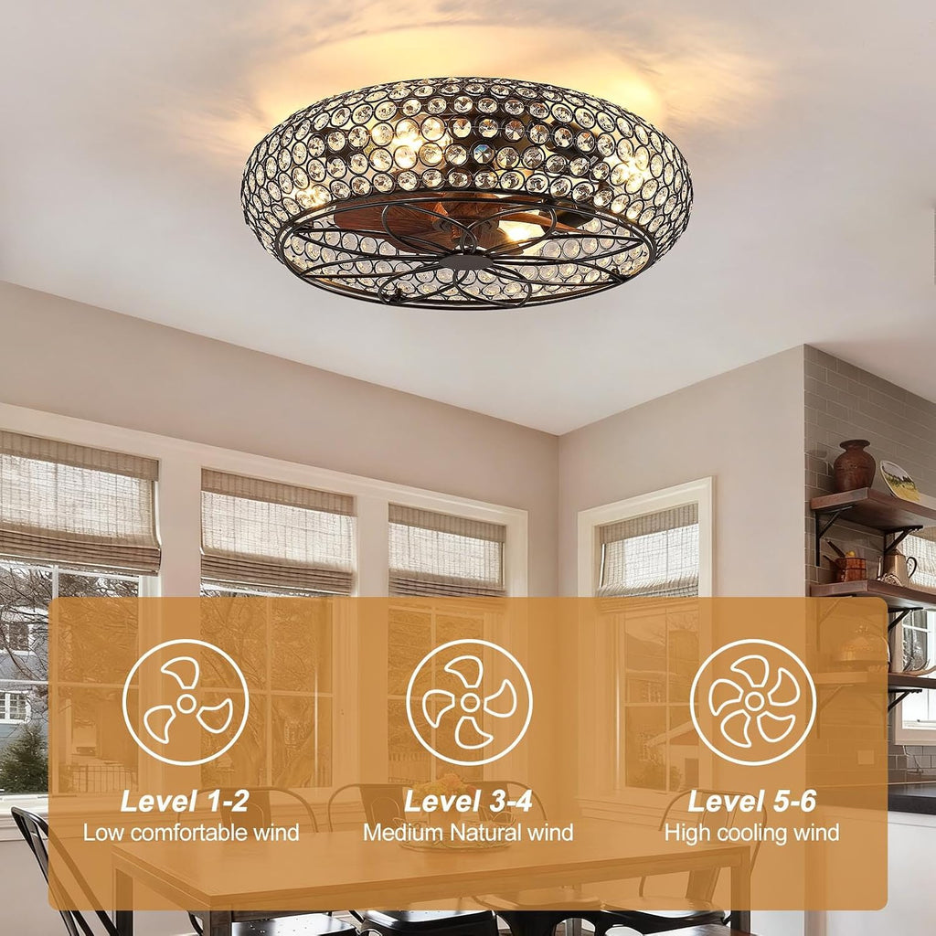 Modern Fandelier Crystal Ceiling Fans with Lights and Remote, 20-Inch Low Profile Bladeless Flush Mount Caged Ceiling Fan for Bedroom, Kitchen,Living Room,Small Ceiling Fan with Light with 6 Speed